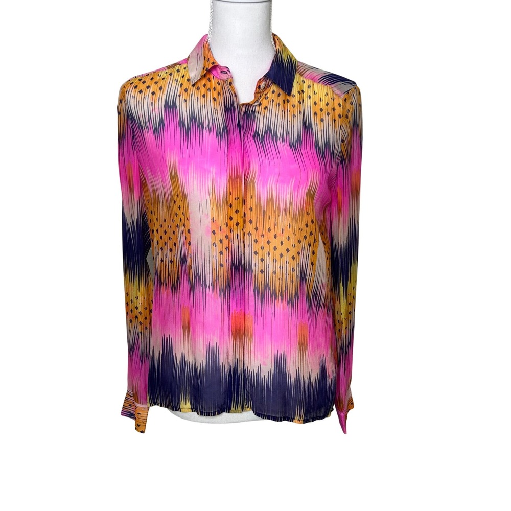 Anthropologie Leifsdottir Sani neon semi sheer 100% silk button down pink 2
